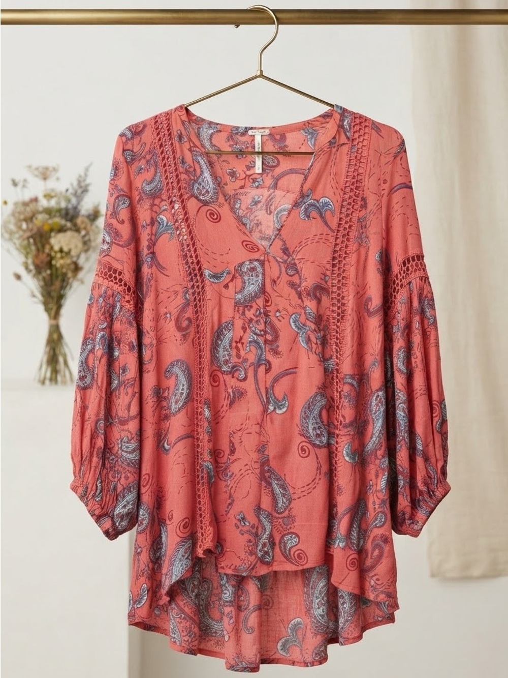 Free People Coral Paisley V-Neck Peasant Tunic